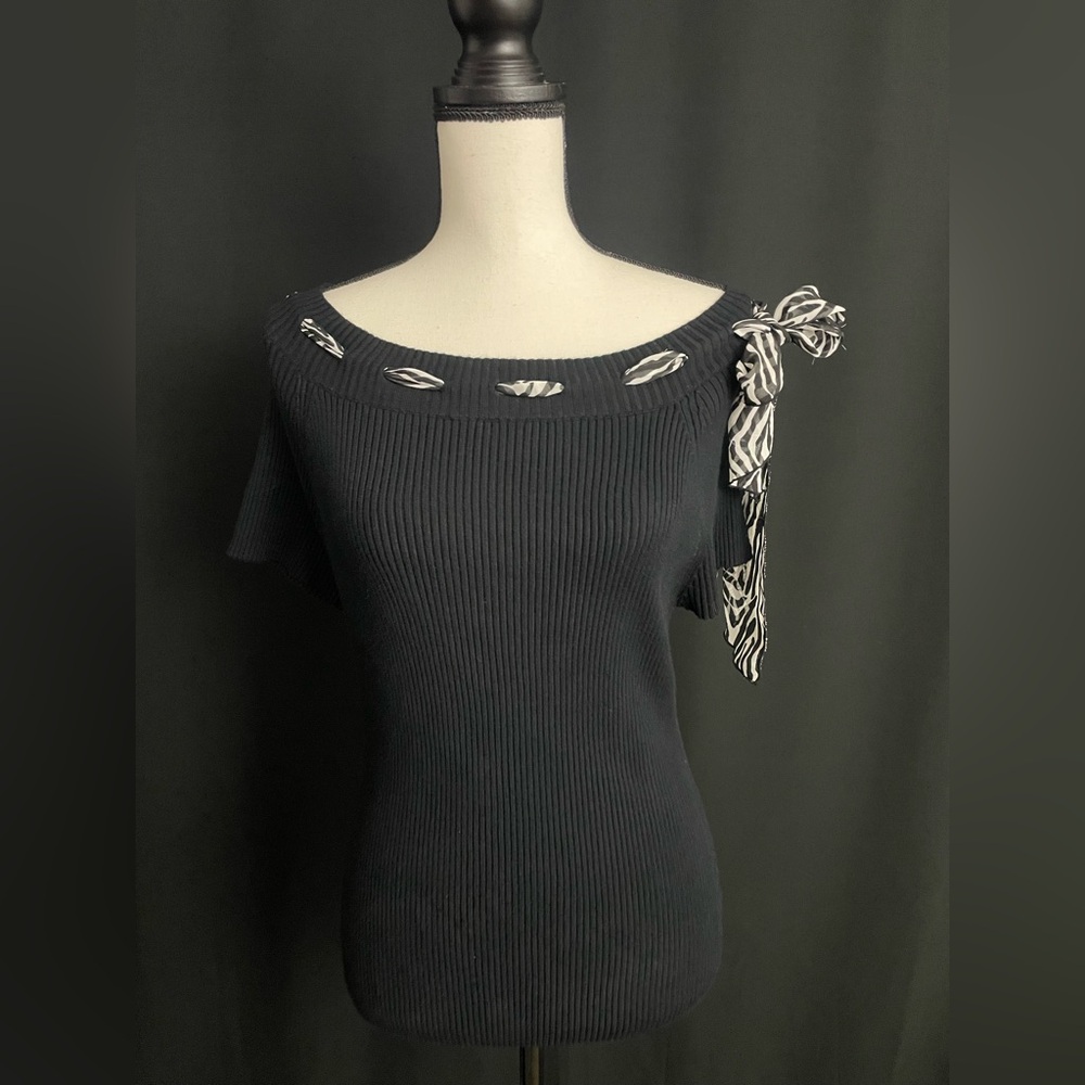 George Black Off-the-Shoulder Sweater with Patterned Bow